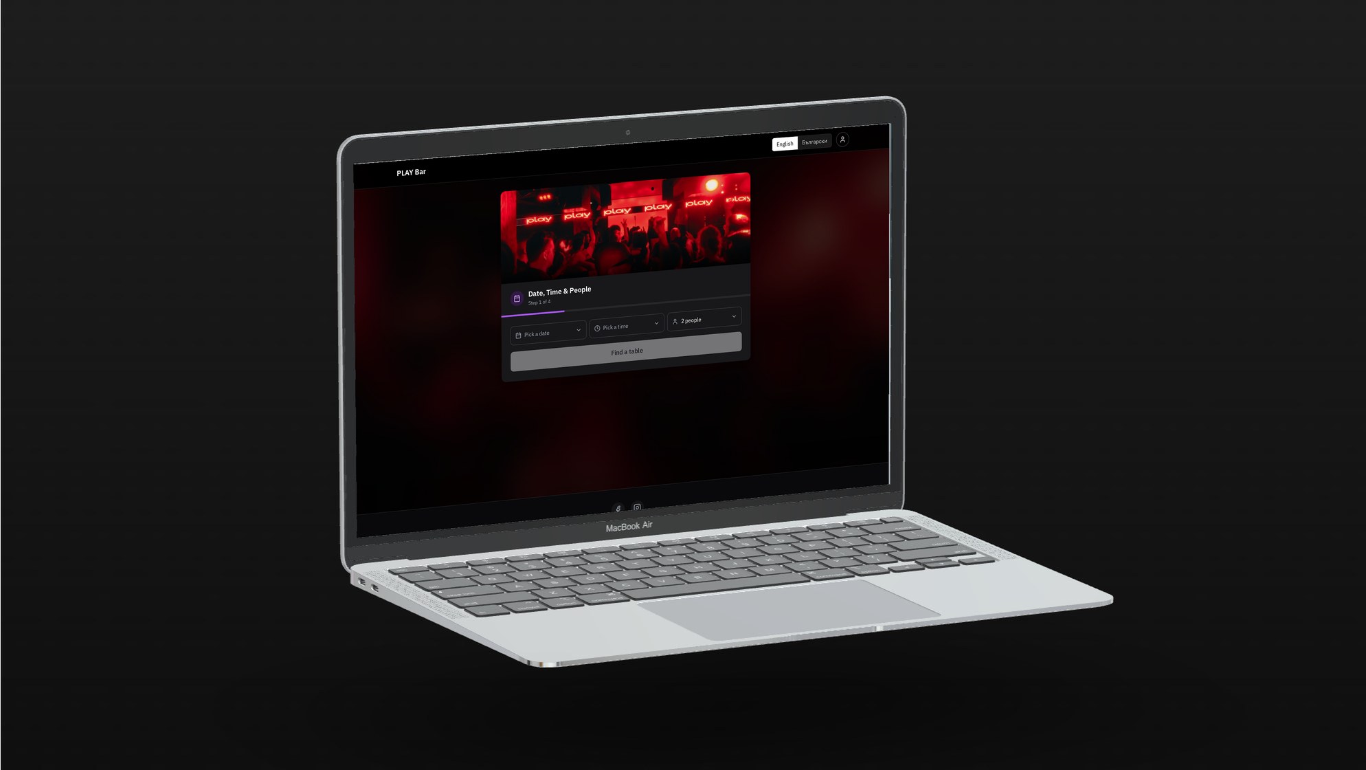 Play Bar's table booking page on Afterbook, shown on a laptop